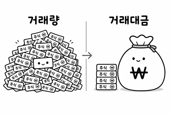 저가주 거래량과 고가주 거래대금의 차이를 설명하는 비교 이미지