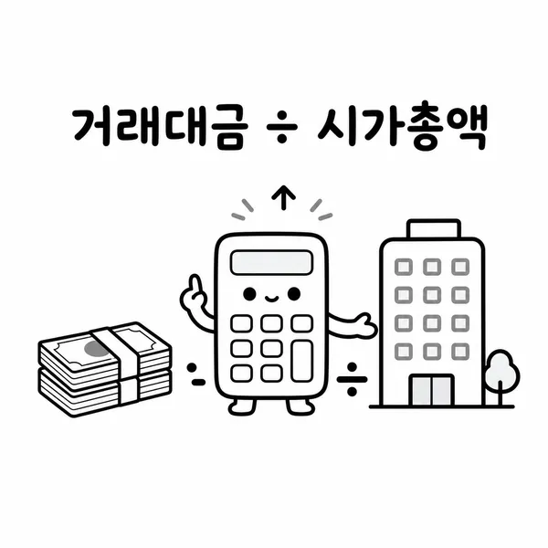 거래대금을 시가총액으로 나누어 종목 관심도를 살피는 계산 이미지