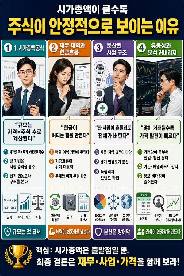 시가총액이 큰 기업이 상대적으로 안정적으로 보이는 이유를 정리한 한국어 금융 인포그래픽