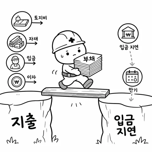 건설사가 선투입 비용과 늦게 들어오는 현금 사이에서 부채 부담을 지는 모습