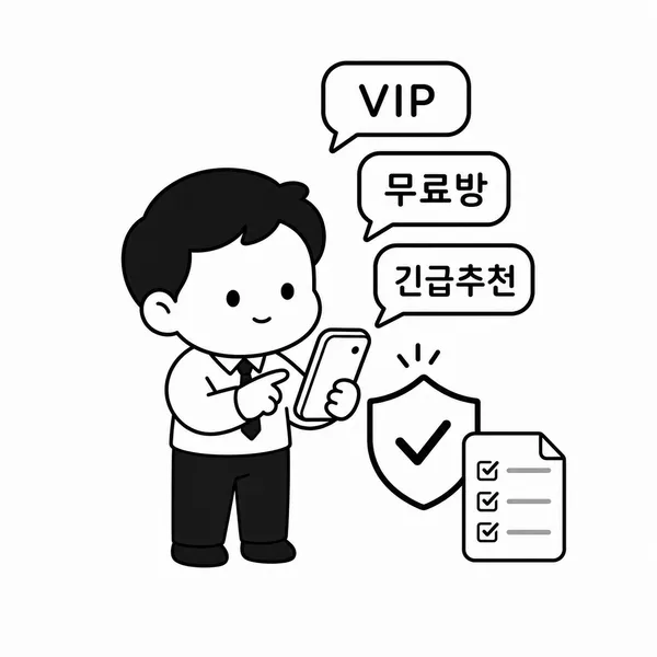 VIP 무료방 긴급추천 문구가 있는 주식 리딩방을 확인하는 투자자 캐릭터