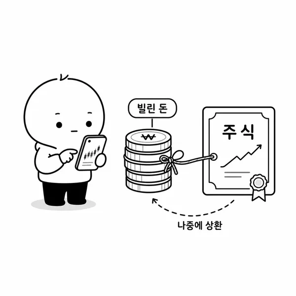신용잔고가 빌린 돈으로 산 주식이라는 점을 설명하는 투자자 일러스트