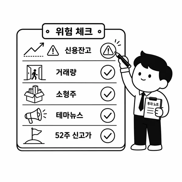 신용잔고 높은 종목을 매수하기 전 확인할 위험 점검표 일러스트