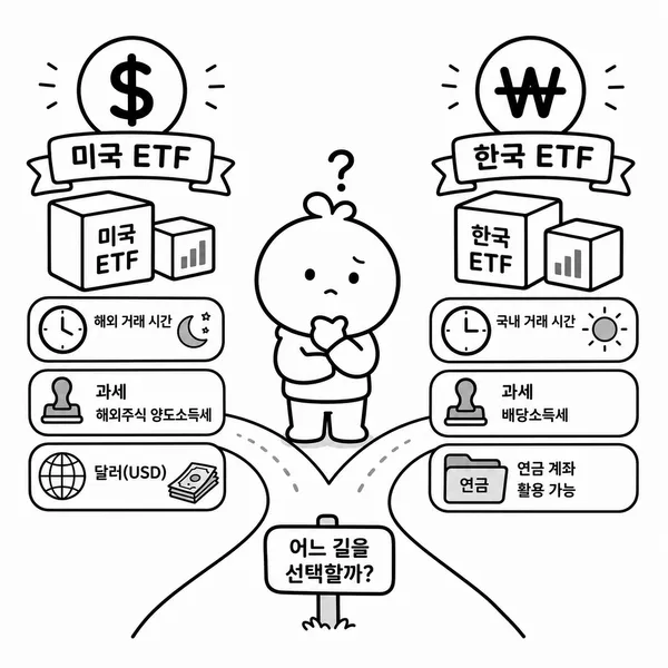 미국 상장 ETF와 국내 상장 ETF를 세금, 거래시간, 통화 기준으로 비교하는 그림