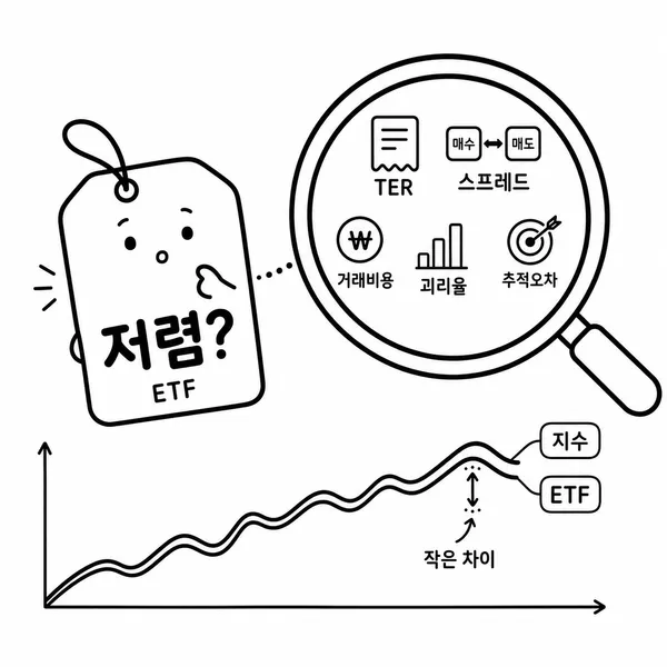 ETF의 실제 비용, 스프레드, 추적오차를 돋보기로 확인하는 투자자 그림