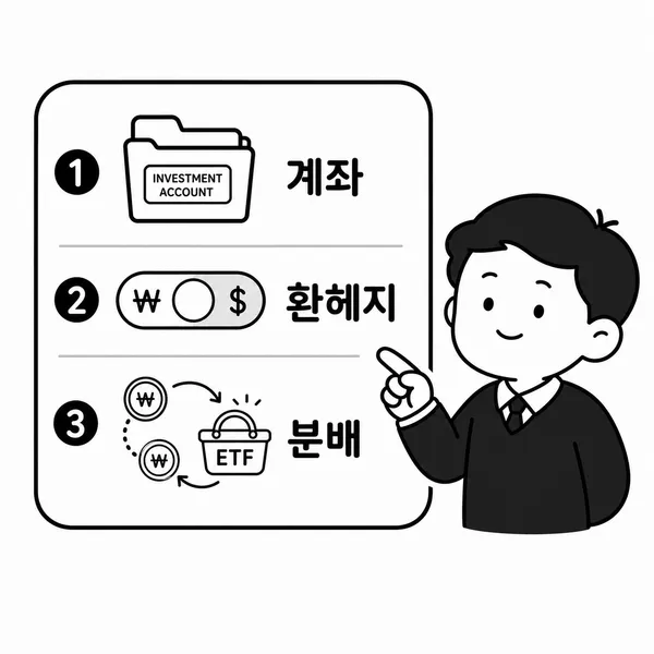 투자 계좌, 환율 노출, 분배금 정책을 체크리스트로 확인하는 그림