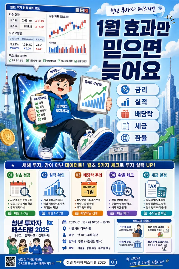 연초 주식시장 이슈를 점검하는 투자자와 금리, 실적, 배당락, 세금, 환율 키워드가 담긴 메인 이미지