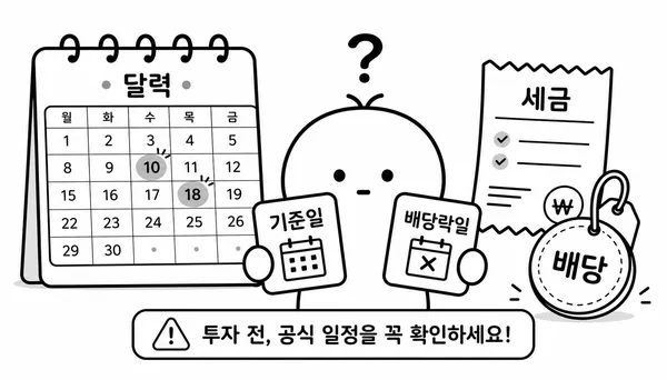 배당 기준일과 배당락일, 세금 영수증을 확인하는 투자자 그림