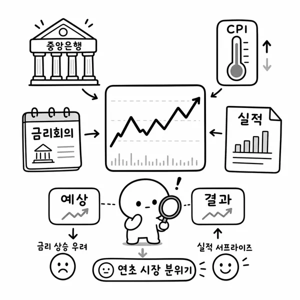 중앙은행, 소비자물가, FOMC 일정, 실적 보고서를 함께 확인하는 투자자 그림