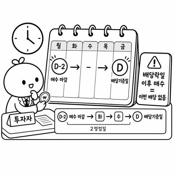 배당기준일 이틀 전 매수 마감과 배당락일 이후 매수 주의점을 설명하는 달력 그림