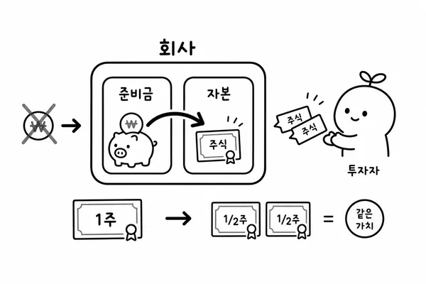 회사 내부 준비금이 자본금으로 옮겨지고 기존 주주가 추가 주식을 받는 무상증자 구조 설명 그림