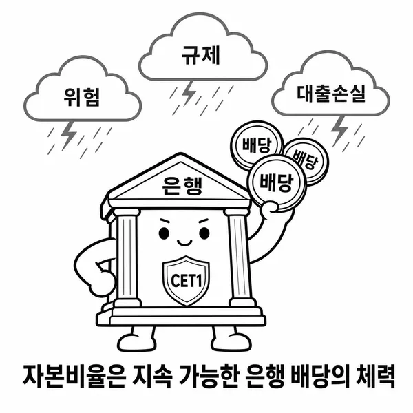 CET1 방패를 든 은행 건물이 위험 속에서도 배당 체력을 지키는 일러스트
