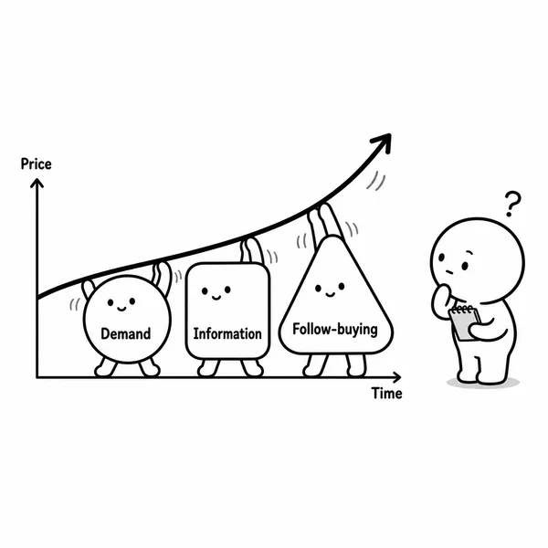 수요 증가와 정보 효과가 주가 차트에 반영되는 모습을 보여주는 일러스트