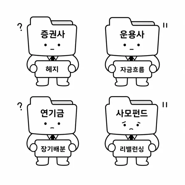 금융투자 투신 연기금 사모펀드가 서로 다른 이유로 주식을 매수하는 모습의 일러스트