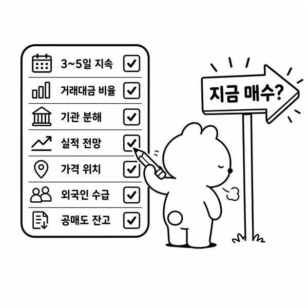 기관 순매수 종목 매수 전 체크리스트를 점검하는 투자자 일러스트