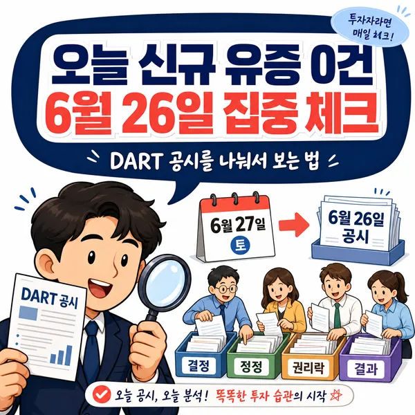 오늘 유상증자 공시 기업 정리와 6월 26일 공시 확인을 설명하는 금융 블로그 이미지