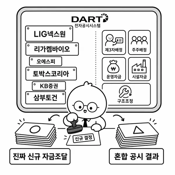 6월 26일 신규 유상증자 결정 기업을 정리한 공시 보드 이미지