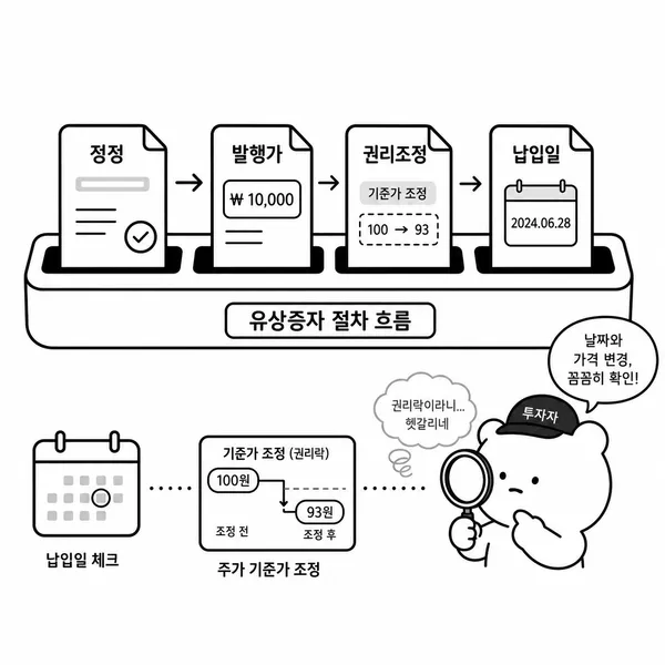 유상증자 정정 공시와 발행가액, 권리락, 납입일 확인 절차 이미지