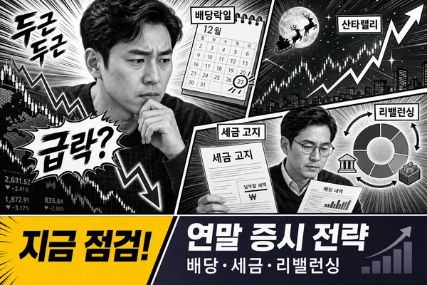 연말 주식시장의 배당락과 세금, 산타랠리 이슈를 보여주는 만화 스타일 투자자 이미지