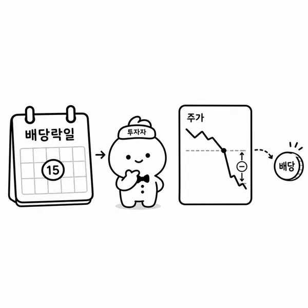 배당락일 달력과 배당만큼 조정되는 주가 흐름을 설명하는 투자자 캐릭터 이미지