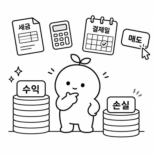연말 세금 관리를 위해 수익과 손실을 비교하는 투자자 캐릭터 이미지