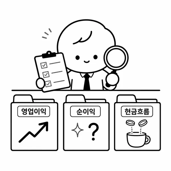 영업이익 순이익 현금흐름 폴더를 비교하는 투자자 캐릭터 일러스트