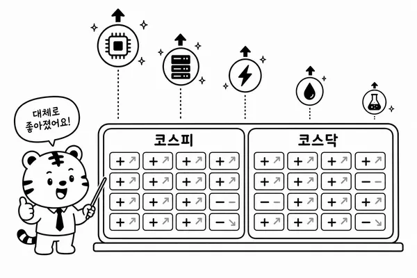 코스피와 코스닥 시장판에서 업종별 실적 개선 폭이 다르게 나타나는 일러스트