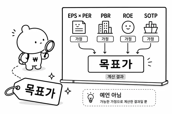 목표주가가 EPS, PER, PBR, ROE 같은 가정으로 계산되는 과정을 보여주는 이미지