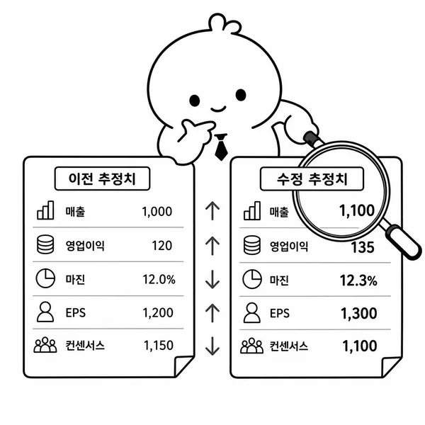 이전 실적 추정치와 수정 실적 추정치를 비교하는 증권사 리포트 분석 이미지