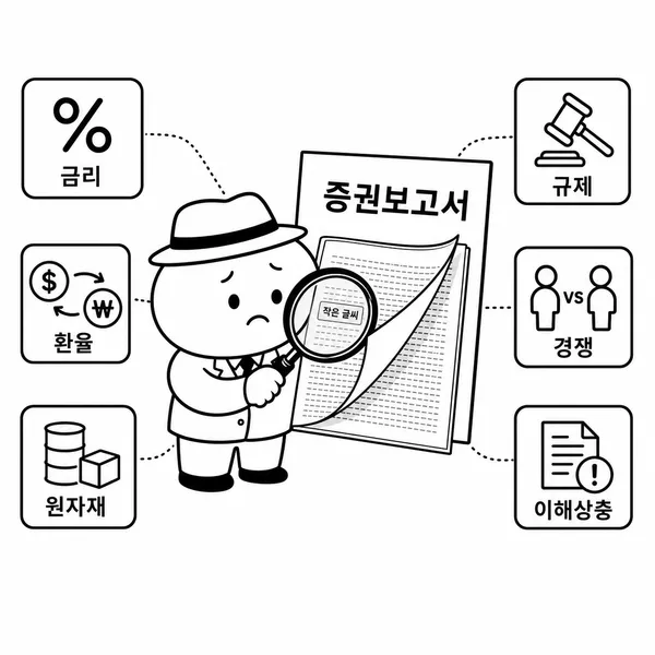 증권사 리포트의 리스크와 고지사항을 돋보기로 확인하는 투자자 이미지