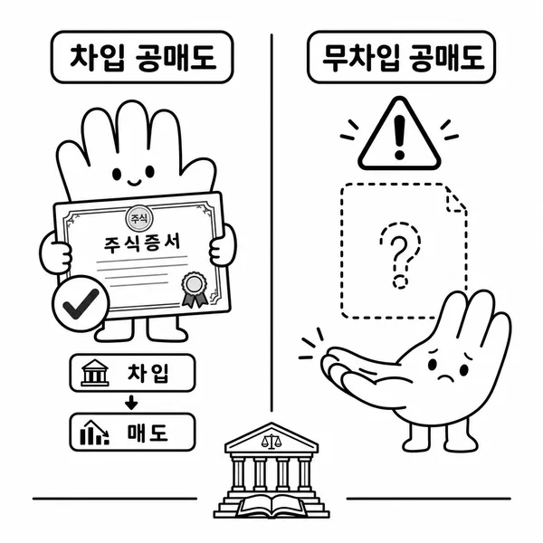 합법적인 차입 공매도와 불법인 무차입 공매도를 비교한 그림