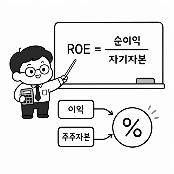 ROE 계산식과 순이익, 자기자본의 관계를 설명하는 일러스트
