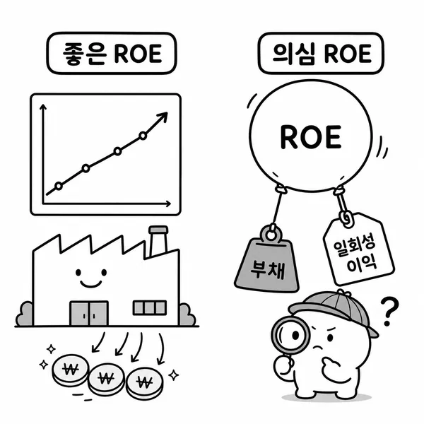 좋은 ROE와 의심해 봐야 할 ROE를 비교하는 투자 분석 일러스트