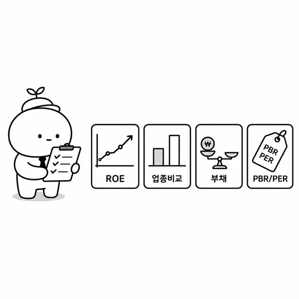 ROE 추세, 업종 비교, 부채, 밸류에이션을 확인하는 투자 체크리스트 일러스트