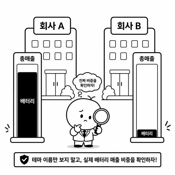 전체 매출은 같지만 2차전지 매출 비중이 다른 두 회사를 비교하는 일러스트