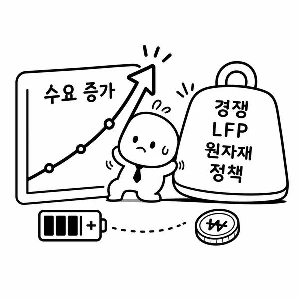 2차전지 시장 성장과 경쟁, 원자재, 정책 압박이 동시에 나타나는 모습을 표현한 일러스트