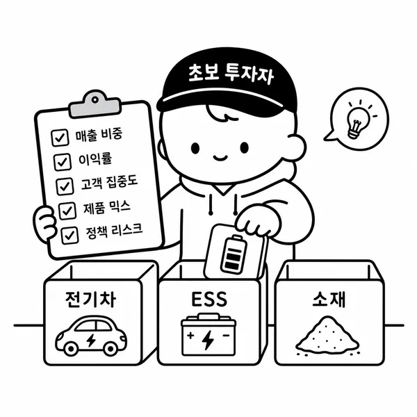 EV, ESS, 소재와 매출 비중, 이익률, 고객사, 정책 리스크를 점검하는 투자 체크리스트 일러스트