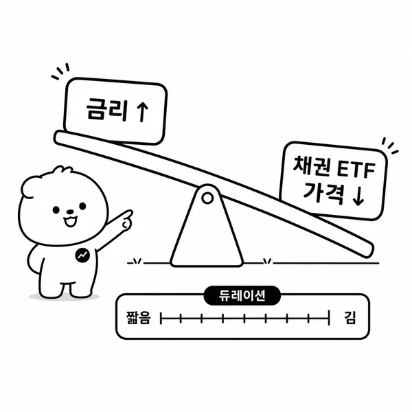 금리 상승과 채권 ETF 가격 하락, 듀레이션 민감도를 설명하는 저울 일러스트