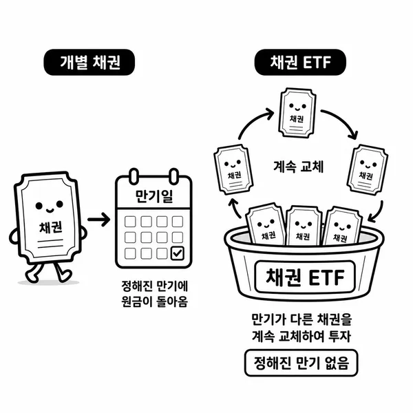개별 채권과 채권 ETF의 만기 구조 차이를 비교한 일러스트
