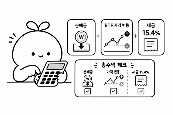 분배금과 가격 변화, 세금을 함께 계산해 총수익률을 확인하는 일러스트