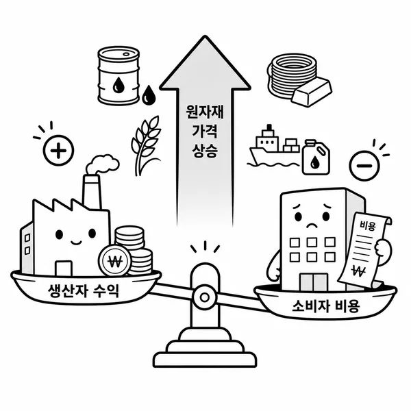 원자재 가격 상승이 생산자와 소비자 기업에 다르게 작용하는 저울 그림
