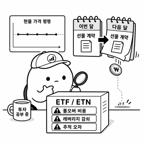 ETF와 ETN의 롤오버 비용 레버리지 손실 괴리율 위험을 설명하는 그림
