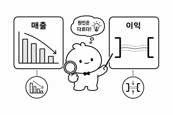 매출 쇼크와 이익 쇼크를 비교하는 투자자 캐릭터 이미지