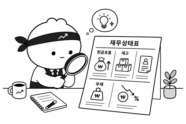 현금흐름 재고 부채를 확인하며 재무상태를 점검하는 투자자 캐릭터 이미지