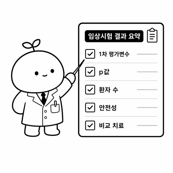 임상시험 결과의 평가지표와 p-value, 환자 수를 확인하는 연구원 캐릭터