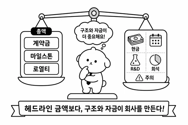 기술이전 계약 구조와 현금 보유, 전환사채 희석 위험을 저울로 비교하는 투자자 캐릭터