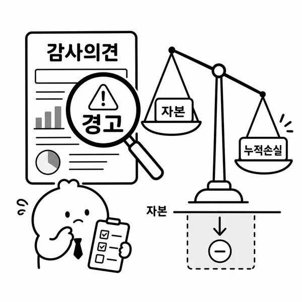 감사보고서와 자본잠식 위험을 확대경으로 확인하는 투자자 일러스트