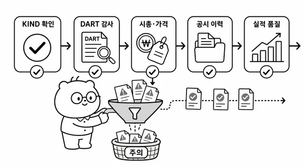 KIND와 DART, 시가총액, 공시 이력, 실적의 질을 순서대로 점검하는 일러스트