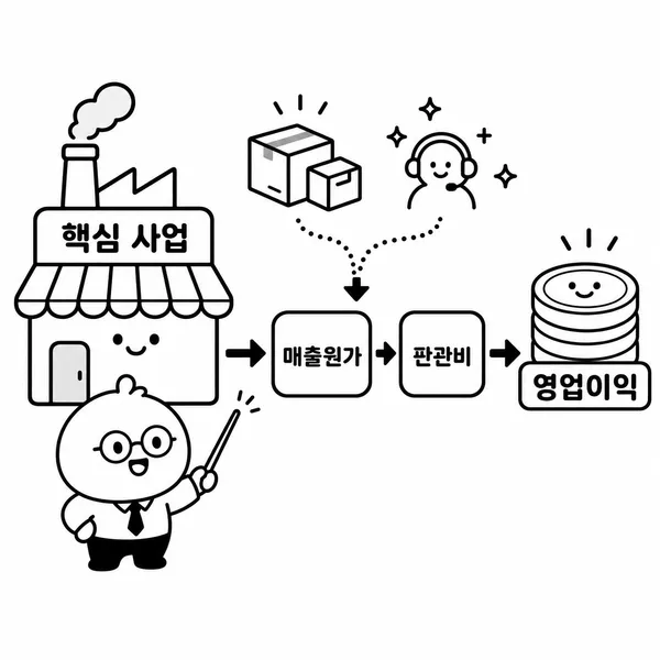 본업에서 영업이익이 만들어지는 흐름을 보여주는 흑백 일러스트