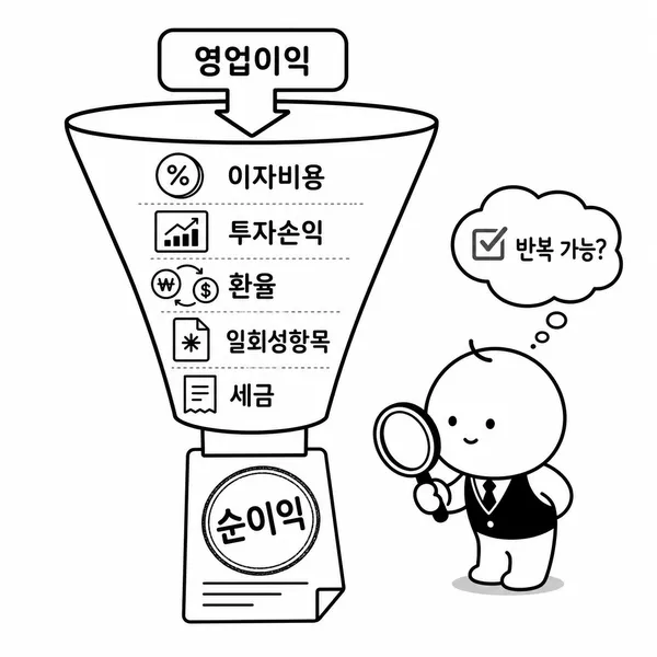 영업이익에서 금융손익과 세금을 거쳐 순이익이 되는 과정을 보여주는 흑백 일러스트